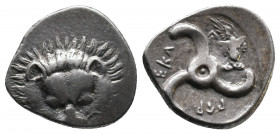 DYNASTS OF LYCIA. Perikles, circa 380-360 BC. AR 1/3 Stater 2,89gr. Facing lion's scalp. Rev. &#66195;&#66177;&#66197;-&#66182;&#66187;&#66189;-&#6617...