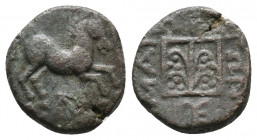 THRACE. Maroneia. Circa 398/7-348/7 BC. AE 2,33gr. Horse prancing to right; below, monogram. Rev. ΜΑΡ-ΩΝΙ-ΤΩΝ Grape arbor within linear square border;...
