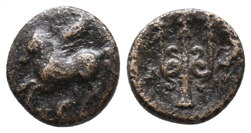 CORINTHIA. Corinth. AE 1,89gr (Circa 335-306 BC). Obv: Pegasos flying left; Ϙ be...