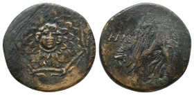 PONTUS, Amisos . Circa 85-65 BC. Æ6,66gr Aegis / AMI-SOU, Nike walking right, holding palm tied with fillet over left shoulder; monograms left and rig...