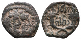 KINGS OF NABATEA. Aretas IV (9 BC-40 AD), with Shaqilath I. AE 3,51gr. Petra. Obv: Draped busts of Ariates, with long hair and wreath, and Shaqilath j...