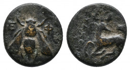 Ionia. Ephesos 390-300 BC. Bronze Æ 12mm., 2,22g. Bee / Stag prancing left, head right; astragalos to right. very fine