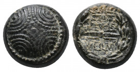 Lydia, Philadelphia. 2nd-1st centuries B.C. AE 3,71gr Macedonian shield / ΦIΛAΔEΛ-ΦEωN, winged thunderbolt within wreath; monogram above. cf. BMC 1; c...