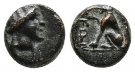 PHRYGIA.Laodikeia ad Lycum.(Circa 2nd Century BC).AE 1,92gr Turreted head of Kybele or Tyche to right. Rev : ΛAOΔIKEΩN. River god Lykos in wolf form. ...