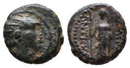Antiochos IV Epiphanes. 175-164 BC. Serrate Æ 2,21gr. Ake-Ptolemaïs mint. Struck circa 173/2-circa 168 BC. Diademed and radiate head right; monogram b...
