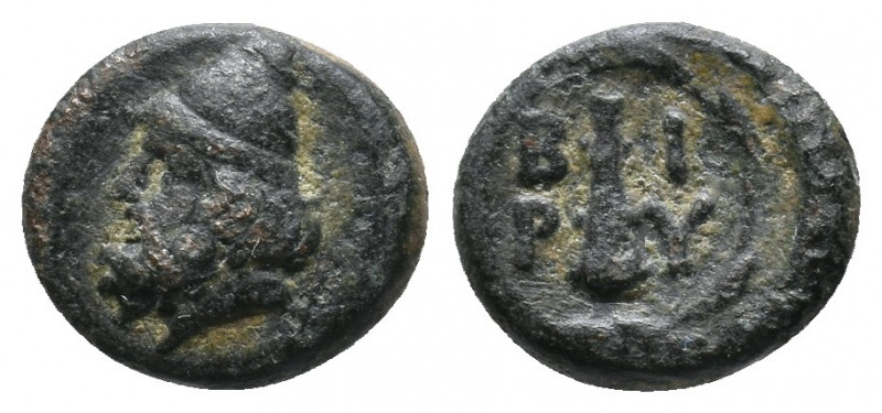 Troas, Birytis Æ 1,53gr. Circa 350-300 BC. Head of Kabeiros left, wearing pileos...
