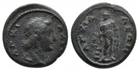 Thrace, Anchialus Autonomous. AE 4,42gr ANXIALOC, diademed head of the city founder, Anchialos, right Rev: AΓXIALEΩN. Aesklepios standing left with se...