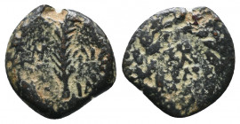 JUDAEA, Procurators. Porcius Festus, 59-62 AD. AE Prutah 1,53gr yr. 5. Inscription in wreath / Palm-branch. Hen.1351. VF, green patina.