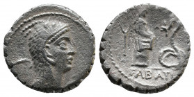 L. Roscius Fabatus. Denarius serratus 64, AR 3,53gr Head of Juno Sospita r.; behind, mask. Rev. Girl standing r., facing serpent; in l. field, unident...
