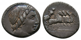 Anonymous, 86 BC. AR Denarius 3,74gr Rome. Av.: Laureate head of Apollo to right; below neck truncation, thunderbolt. Rv.: Jupiter in fast quadriga ri...