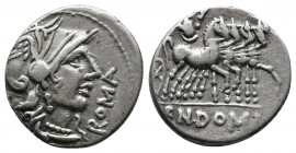 Cn. Domitius Ahenobarbus AR Denarius 3,88gr. Rome, 116-115 BC. Helmeted head of Roma right, curl on left shoulder; X behind; ROMA before / Jupiter dri...