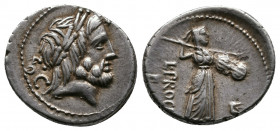 L. Procilius 80 B CE AR Denarius 3,76gr. Rome Av.: S. C. Av.: Head of Jupiter facing right Rv.: Juno Sospita advancing right with shield, spear aloft ...