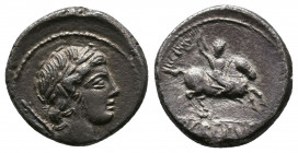 P. Crepusius, 82 BC. AR Denarius 3,70gr. Rome. Laureate head of Apollo to right, with scepter on his far shoulder; control letter behind (off flan) Re...