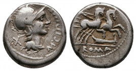 M. Cipius M.f 115-114 BC. AR Denarius 3,64gr. Rome Av.: Helmeted head of Roma right, M•CIPI•MF before, X behind Rv.: Victory driving galloping biga ri...