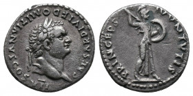 Domitian, as Caesar, 69-81. Denarius AR Denarius 3,18gr. Rome, under Titus, 80-81. Av.: CAESAR DIVI F DOMITIANVS COS VII Laureate head of Domitian to ...