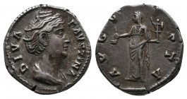 Faustina I (wife of A. Pius) AR Denarius 3,49gr. Rome, AD 141-161. Av.: DIVA FAVSTINA, draped bust right Rv.:AVGVSTA, Vesta standing left holding simp...