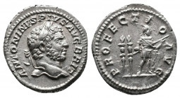 Caracalla AR Denarius 3,32gr. Rome, AD 212-213. Av.: ANTONINVS PIVS AVG BRIT, laureate head to right Rv.: PROFECTIO AVG, Emperor standing to right, ho...