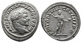 Caracalla AR Denarius 3,17gr. Rome, AD 215. Av.: ANTONINVS PIVS AVG GERM, laureate head to right Rv.: P M TR P XVIIII COS IIII P P, Sol standing facin...