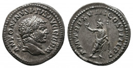 Caracalla AR Denarius 3,10gr. Rome, AD 215. ANTONINVS PIVS AVG GERM, laureate head right / P M TR P XVIII COS IIII P P, Serapis, wearing polos, standi...