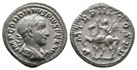 Gordian III. AD 238-244. AR Denarius 2,99gr. Rome mint, 6th officina. 7th emission, mid AD 240. Laureate, draped, and cuirassed bust right / Gordian o...