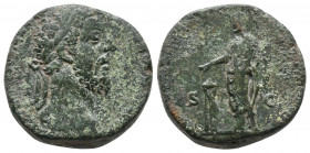 Marcus Aurelius Æ Sestertius 17,07gr. Rome, AD 177. Laureate head right / Emperor veiled, standing left, sacrificing over tripod and holding scroll; S...