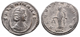 Salonina. Augusta, AD 254-268. Silvered Antoninianus 3,37gr. Antioch mint. Struck 267. Diademed and draped bust right on a crescent / Aequitas standin...