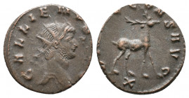 Gallienus(253-268). Antoninianus 2,41gr. Rome. Obv: GALLIENVS AVG. Radiate head right. Rev: DIANAE CONS AVG / X. Stag advancing right. MIR 745b.