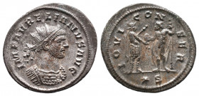 Aurelian. A.D. 270-275. Æ antoninianus. 4,23gr. Siscia mint, 2nd officina. His radiate and cuirassed bust right; IMP AVRELIANVS AVG / Emperor standing...