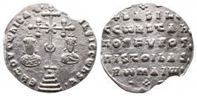 Basil II Bulgaroctonos (AD 976-1025), with Constantine VIII. AR miliaresion 1,97gr. Constantinople, AD 989-1025. ЄΠ TOV TωNICAT' bASILЄIC CωhST', orna...