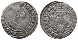 POLAND, LITHUANIA, John II Casimir, 1648-1668, 6 Groschen Silver 1666 AT, Kopicki 1680 VF