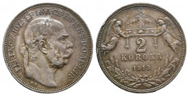 AUSTRIA, Franz Joseph I, 1848-1916, 2 Corona Silver 1913 KB, Kremnitz, Her.783, near VF