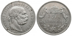 AUSTRIA, Franz Joseph I, 1848-1916, 5 Corona Silver 1908 KB, Kremnitz, Her.777, near VF