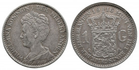 NETHERLAND, Wilhelmina, 1890-1948, 1 Gulden Silver 1916, KM#148 VF