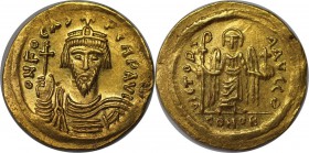 Byzantinische Münzen. Phocas (602-610 n. Chr.). AV-Solidus (22mm, 4.48 gm, 7h). Constantinople, 9th officina, 604-607 n. Chr. ∂N FOCAS PЄRP AVC, drape...