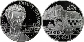 RDR – Habsburg – Österreich, REPUBLIK ÖSTERREICH. Johann Strauss, 1825-1899. 25 Ecu 1995, Silber. Polierte Platte