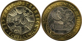 RDR – Habsburg – Österreich, REPUBLIK ÖSTERREICH. Schillingswährung. 50 Schilling 2001, Bimetall. Vorzüglich-stempelglanz