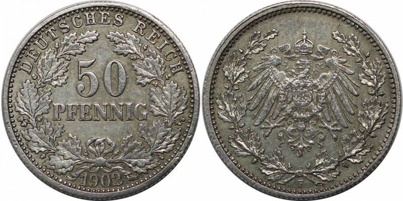 Deutsche Münzen und Medaillen ab 1871, REICHSKLEINMÜNZEN. 50 Pfennig 1902 F, Sil...