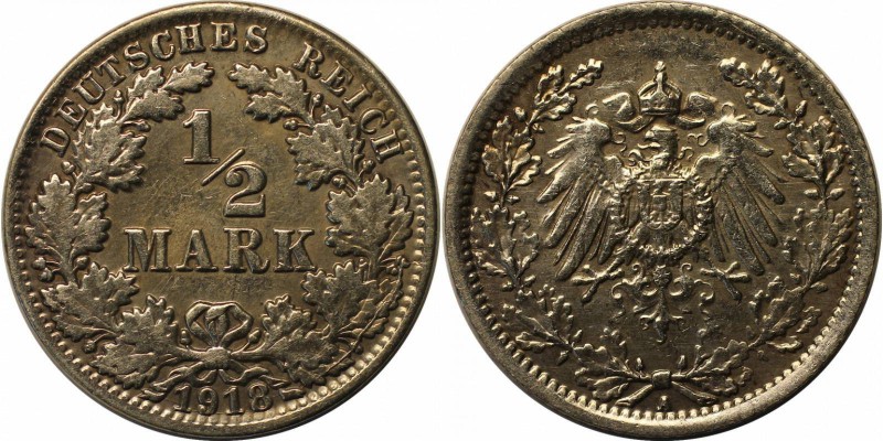 Deutsche Münzen und Medaillen ab 1871, REICHSKLEINMÜNZEN. 1/2 Reichsmark 1918 A,...