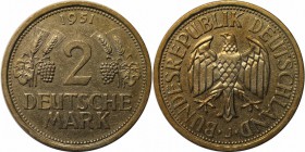 Deutsche Münzen und Medaillen ab 1945, BUNDESREPUBLIK DEUTSCHLAND. Kursmünze - Ähren und Trauben. 2 Mark 1951 J, Kupfer-Nickel. Jaeger 386. Vorzüglich...