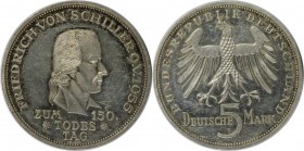 Deutsche Münzen und Medaillen ab 1945, BUNDESREPUBLIK DEUTSCHLAND. Zum 150. Todestag von Friedrich von Schiller. 5 Mark 1955 F, Silber. Jaeger 389. Vo...