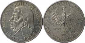 Deutsche Münzen und Medaillen ab 1945, BUNDESREPUBLIK DEUTSCHLAND. 150. Todestag Fichtes. 5 Mark 1964 J, Silber. Jaeger 393. Vorzüglich-stempelglanz. ...