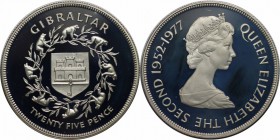Europäische Münzen und Medaillen, Gibraltar. Jubiläum Königin Elizabeth. 25 Pence 1977, Silber. 0.84OZ. KM 10a . Polierte Platte