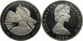 Europäische Münzen und Medaillen, Gibraltar. Geburtstag Königinmutter Elizabeth. 1 Krona 1980, Silber. 0.84OZ. KM 11a . Polierte Platte.