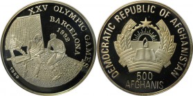Weltmünzen und Medaillen, Afganistan. Olympiade Barcelona. 500 Afganis 1989, Silber. 0.51OZ. KM 1012. Polierte Platte