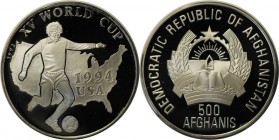 Weltmünzen und Medaillen, Afganistan. Fußballweltmeisterschaft USA. 500 Afganis 1992, Silber. 0.64OZ. KM 1022. Polierte Platte