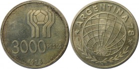 Weltmünzen und Medaillen, Argentinien / Argentina. Fußball-WM Argentinien 1978. 3000 Pesos 1978, Silber. 0.72OZ. KM 80. Stempelglanz