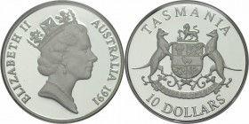 Weltmünzen und Medaillen , Australien / Australia. Elisabeth II. 10 Dollars 1991, 20 g., 0,925 Silber. 0,591 OZ. KM 153. Polierte Platte