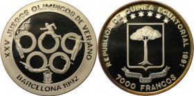 Weltmünzen und Medaillen, Äquatorial Guinea / Equatorial Guinea. 7000 Francos 1991, Silber. 0.64 OZ. Polierte Platte
