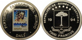 Weltmünzen und Medaillen, Äquatorial Guinea / Equatorial Guinea. Spanische Briefmarke auf Salvator Dali. 7000 Francos 1994, Silber. 0.65 OZ. Polierte ...
