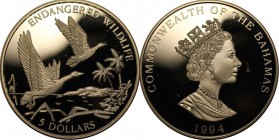 Weltmünzen und Medaillen, Bahamas. 5 Dollars 1994, 1.0 OZ. Silber. Polierte Platte